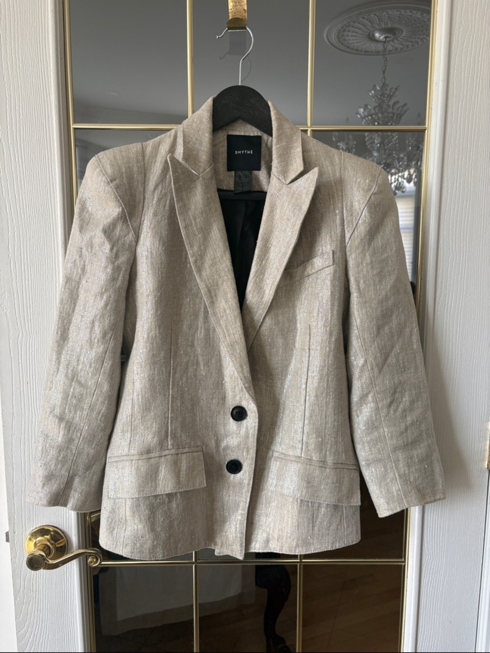 SMYTHE Shimmery silver and beige Linen-Blend Blazer Size 4.